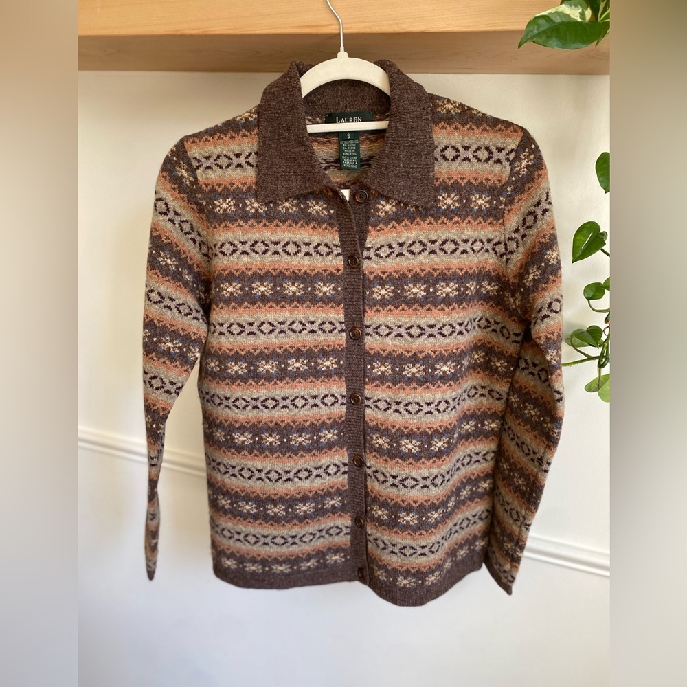VTG 90s RALPH LAUREN Lambswool Brown Fair Isle Nordic Cardigan Sweater| S